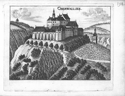 Engraving, View of Oberwallsee Castle, Upper Austria by Georg Matthaus Vischer